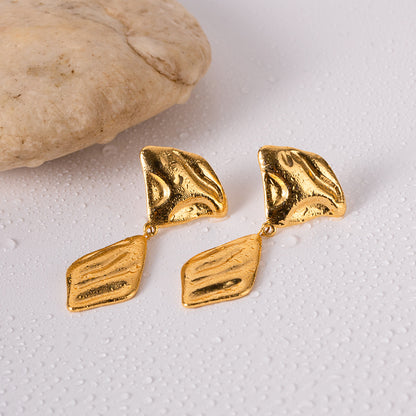 Retro Irregular Exaggerated Golden Leaf Design Stainless Steel Earrings