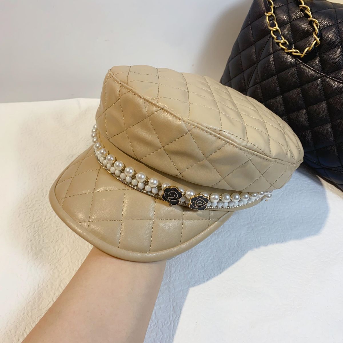 Classic Style PU Leather Ceramic Plate Pearl All-match Newsboy Retro Casual Hat