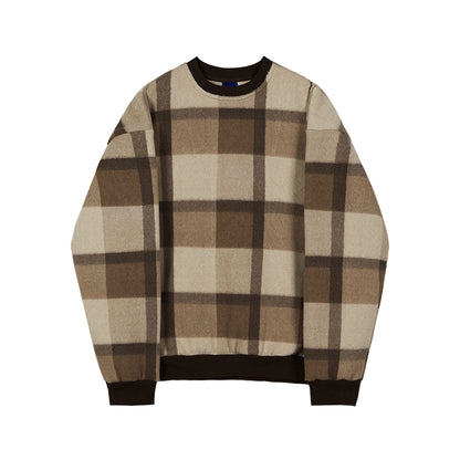 Plush Plaid Sweater Men's Loose Trendy Round Neck Top