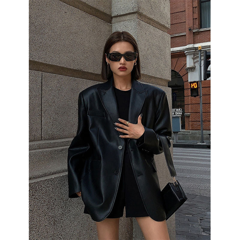 Women's Black Pu Suit Leather Coat