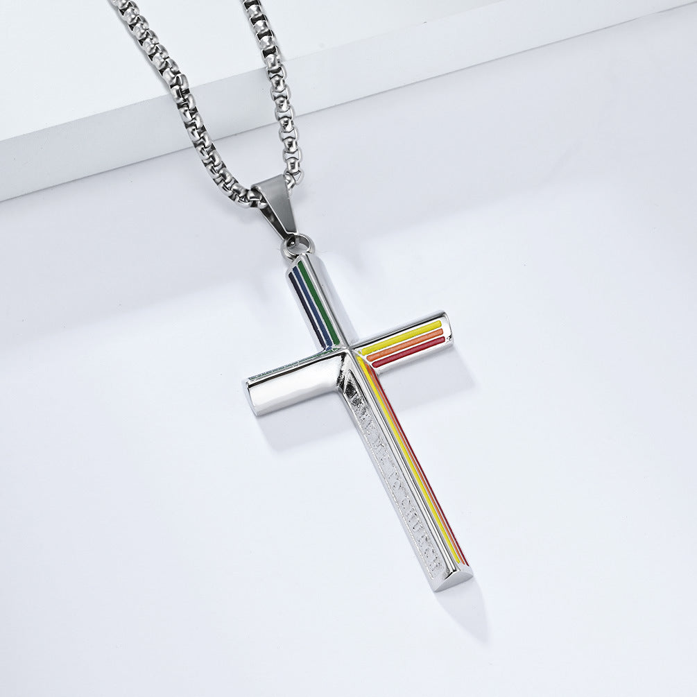 Rainbow Flag Titanium Steel Cross Necklace Personality