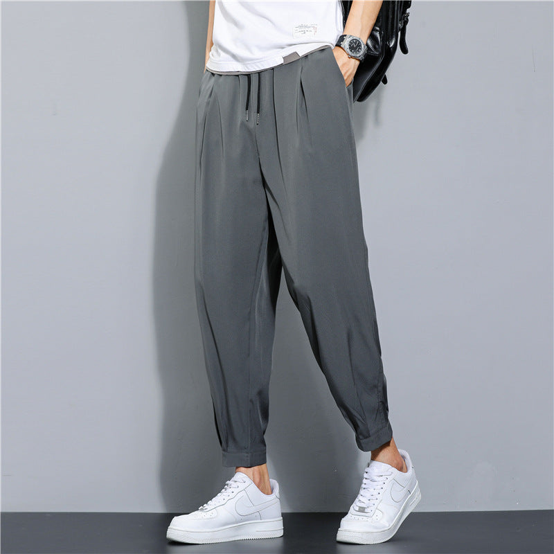 Ice Silk Leisure Draping Student Sports Straight Cropped Pants