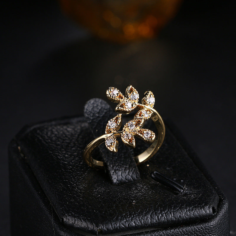 European And American Fashion Leaf-shaped Open Diamond Ring 18K Real Gold Plating