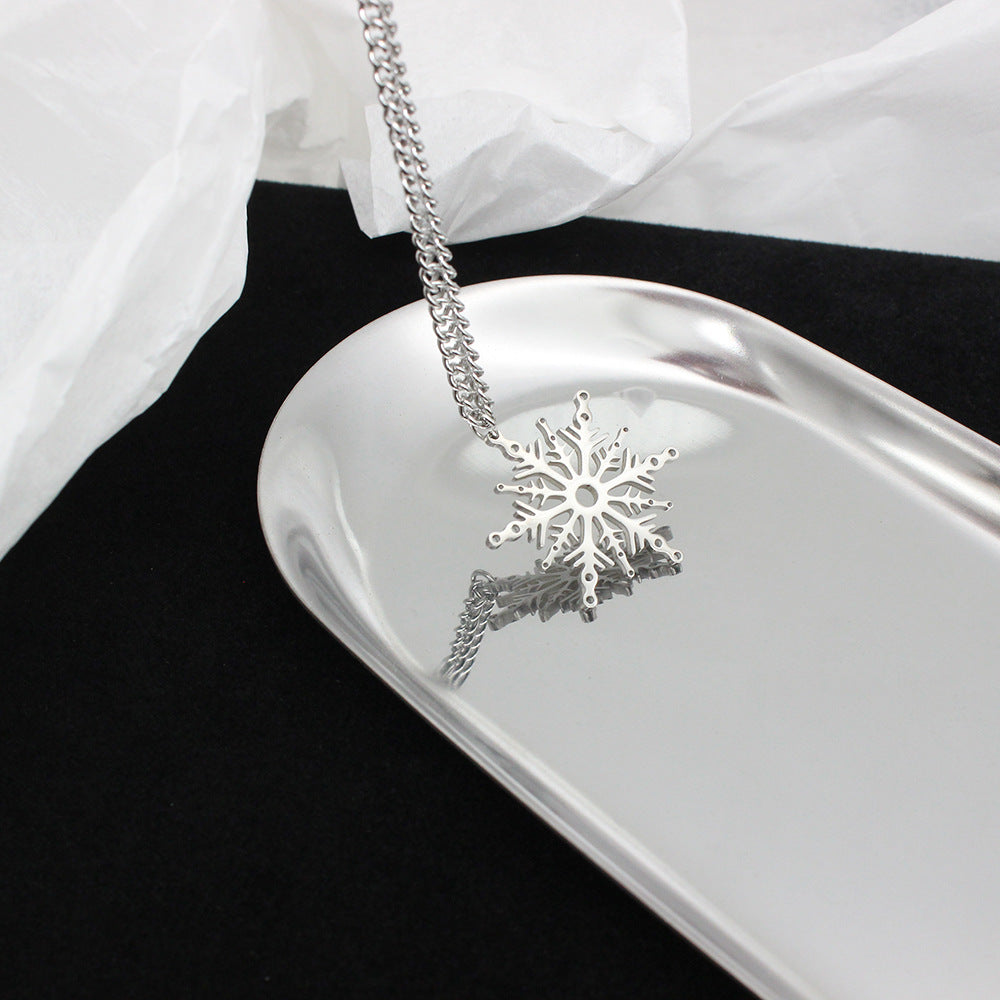 Polished Stainless Steel Snowflake Pendant Necklace