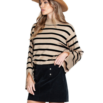 Striped Turtleneck Sweater Women's Cuffs