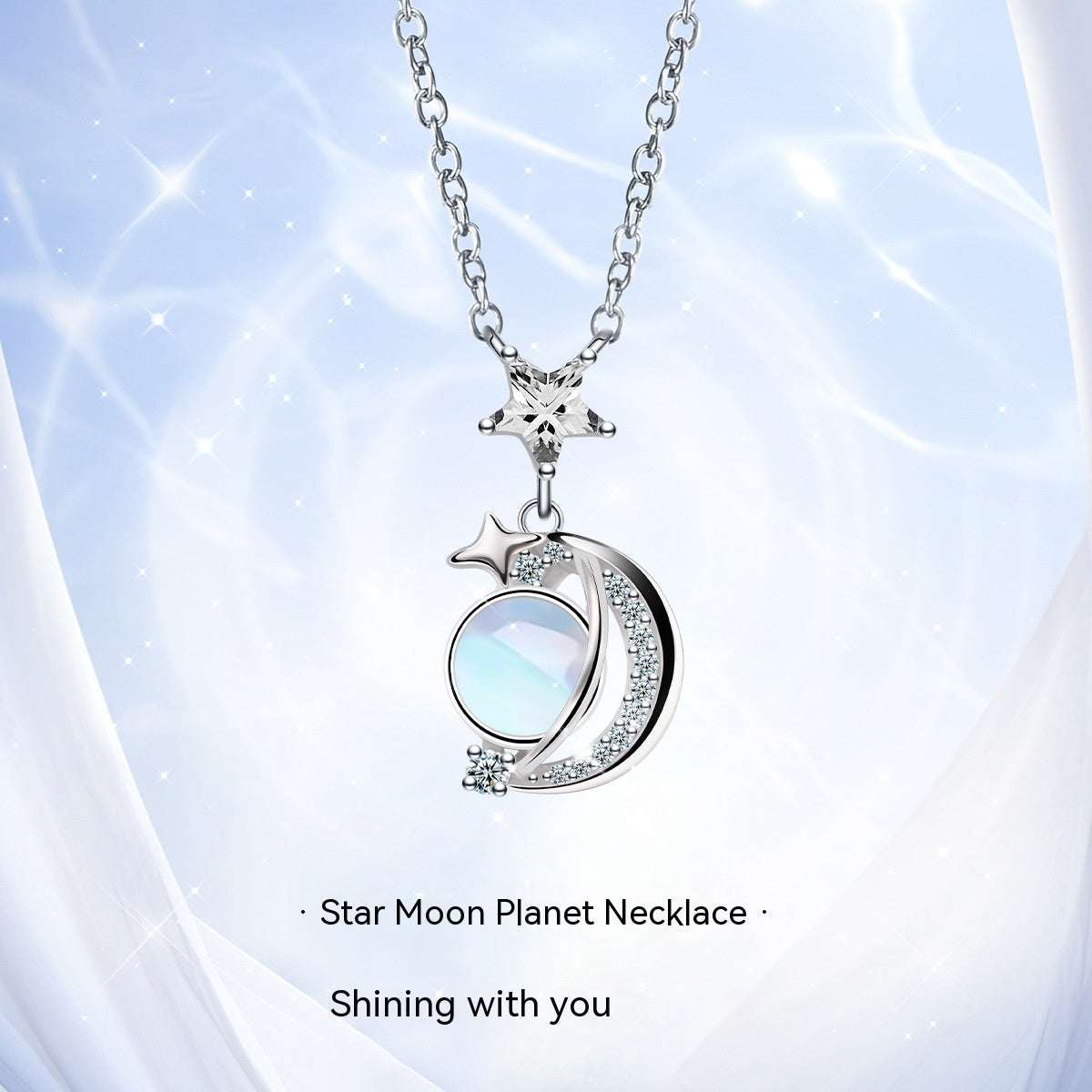 Women's Sterling Silver Fashion Design Star Moon Necklace