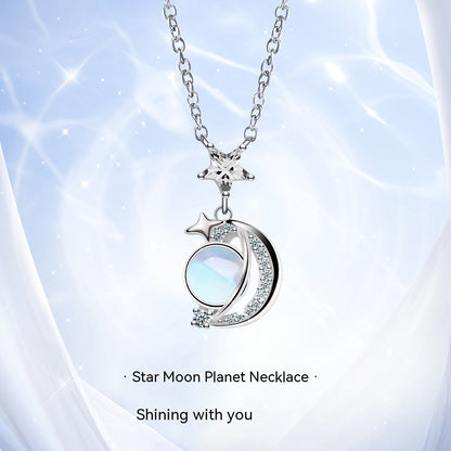 Women's Sterling Silver Fashion Design Star Moon Necklace