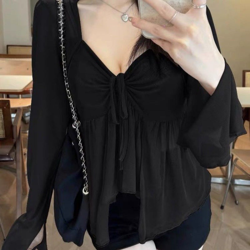 French Style Women's Pure Hot Girl Slim Long Sleeve Top Shirt