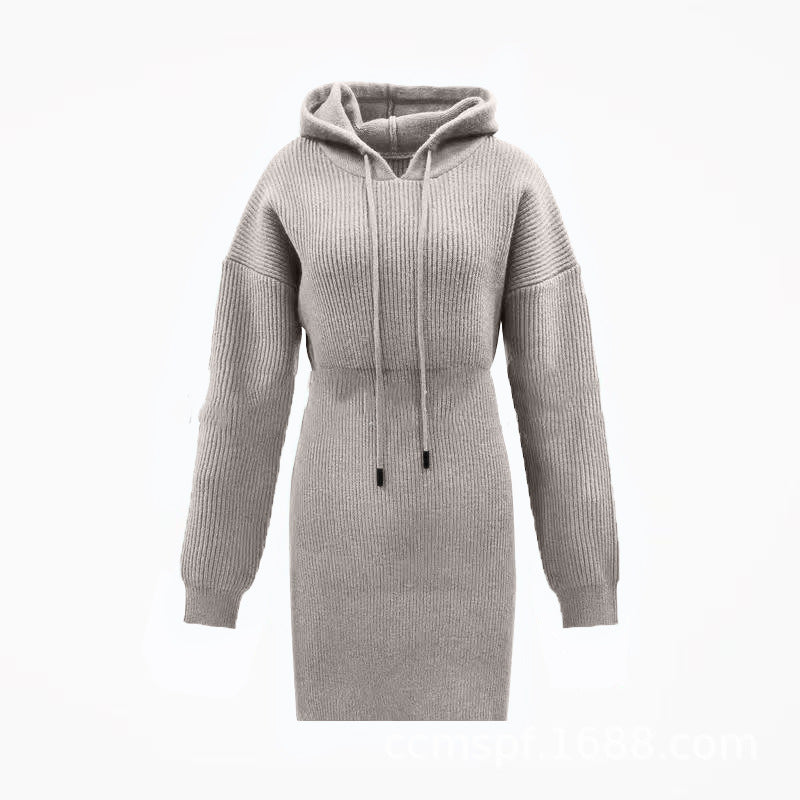 Polyester Casual Dress Solid Color Mid-length Hooded Cinched Waist Pullover Knitted Hip Skirt