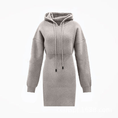 Polyester Casual Dress Solid Color Mid-length Hooded Cinched Waist Pullover Knitted Hip Skirt