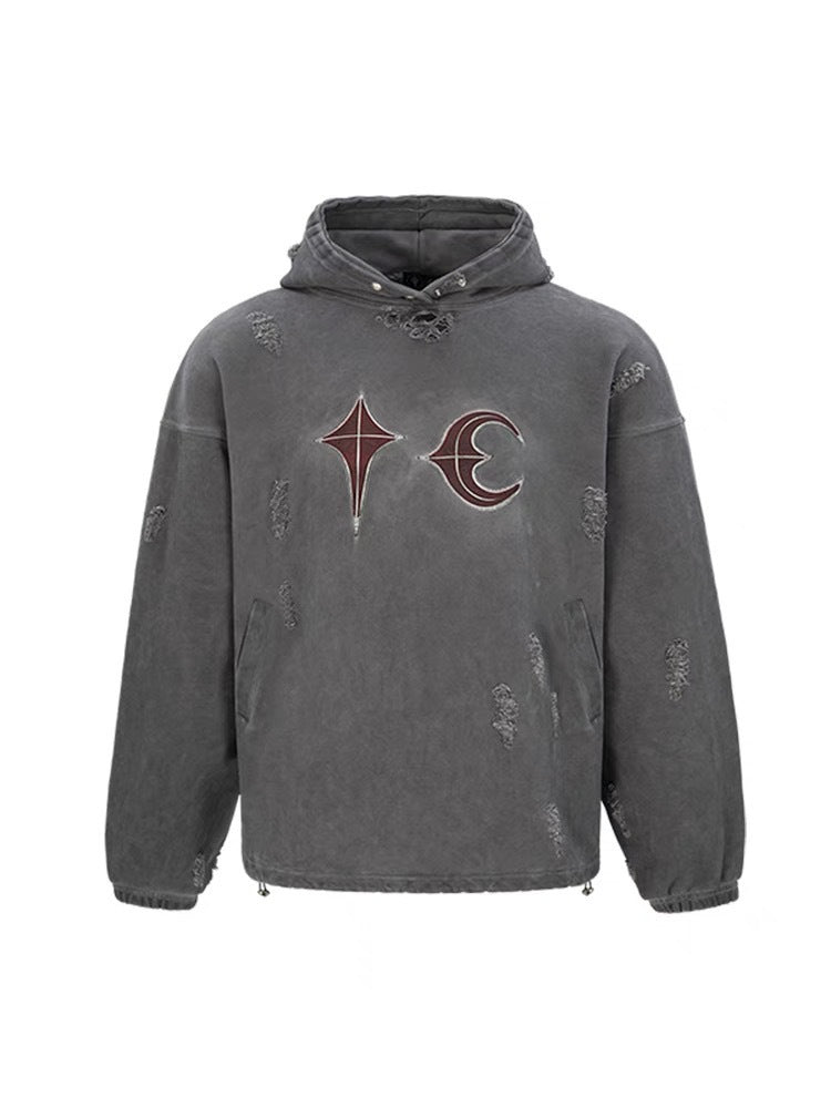 Heavy Washed And Worn Destroyed Casual Hooded Sweater