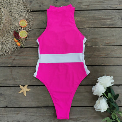 Solid Color Stitching Zipper Sleeveless One-piece Swimsuit