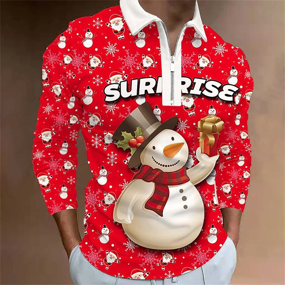 Santa Claus Cartoon Pattern Digital 3D Printing Zipper And Lapel Top