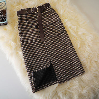 Autumn And Winter Woolen Plaid Sheath Skirt Women