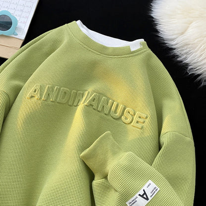 Heavy Avocado Green Hoody Men's Trendy Waffle Capless Round Neck