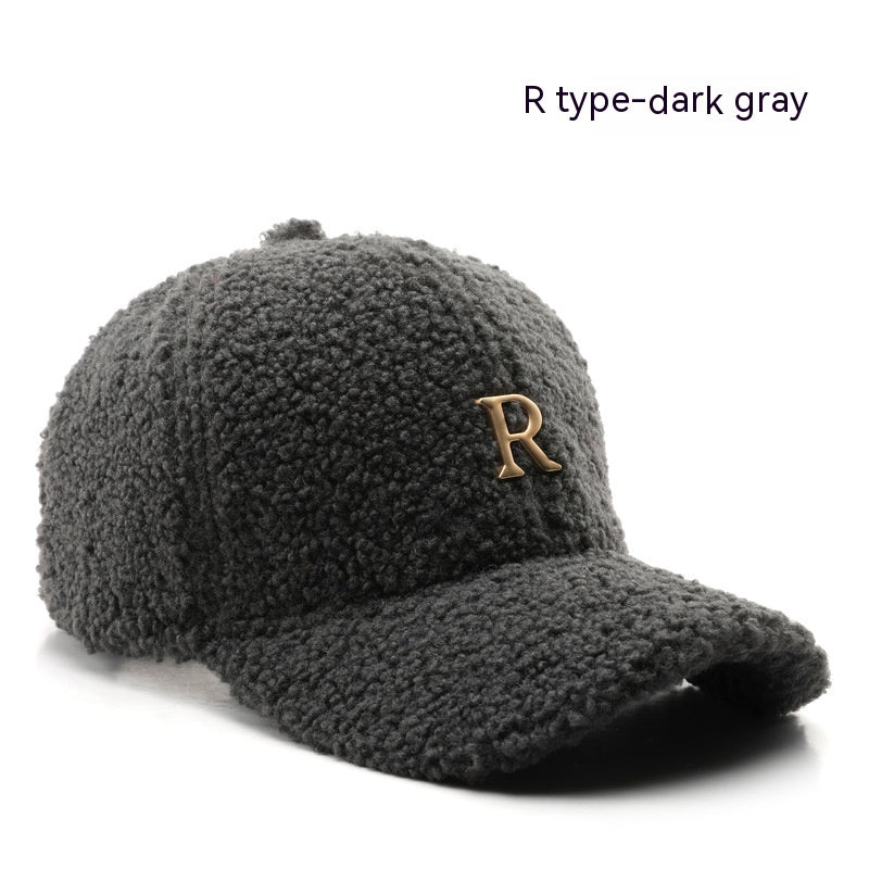 Autumn And Winter Letter R Solid Color Lamb Wool Baseball Cap Outdoor Sun Protection