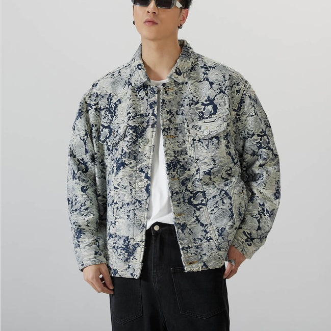 Autumn Retro Jacquard Denim Coat Men's Loose