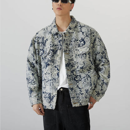 Autumn Retro Jacquard Denim Coat Men's Loose