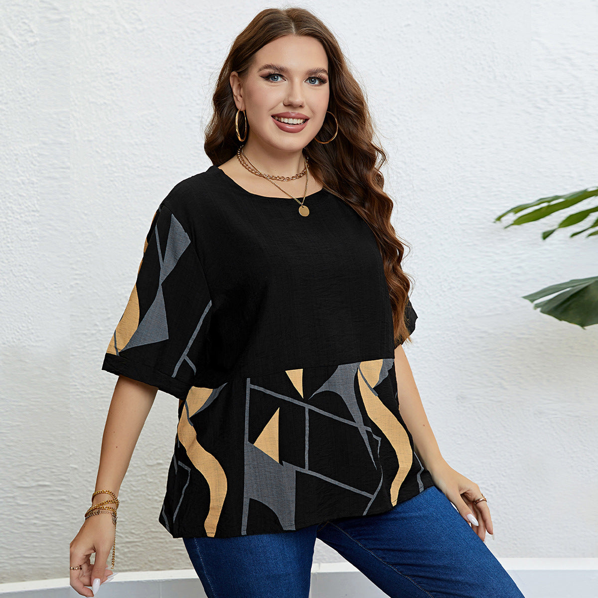 European And American Round Neck Art Printed Top Loose Casual