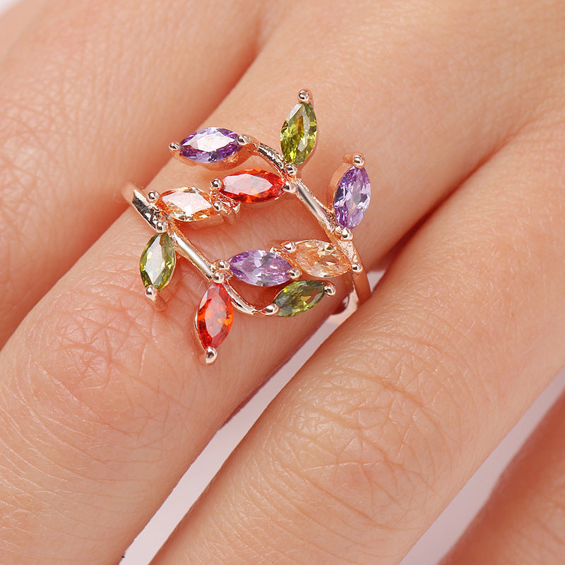 European And American New Color Zircon Tree Branch Leaf Shape Ring