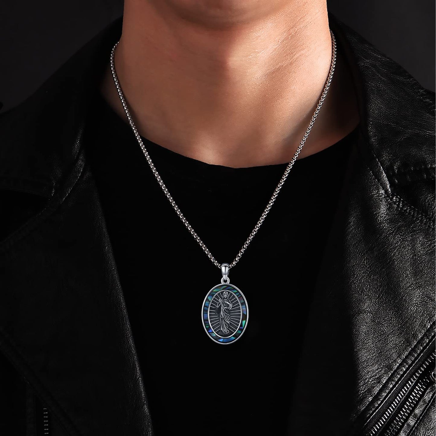 St Jude Necklace Sterling Silver Oval Medal San Judas Tadeo Pendant Necklace Medallion Protection Necklace Catholic Jewelry Gift for Men