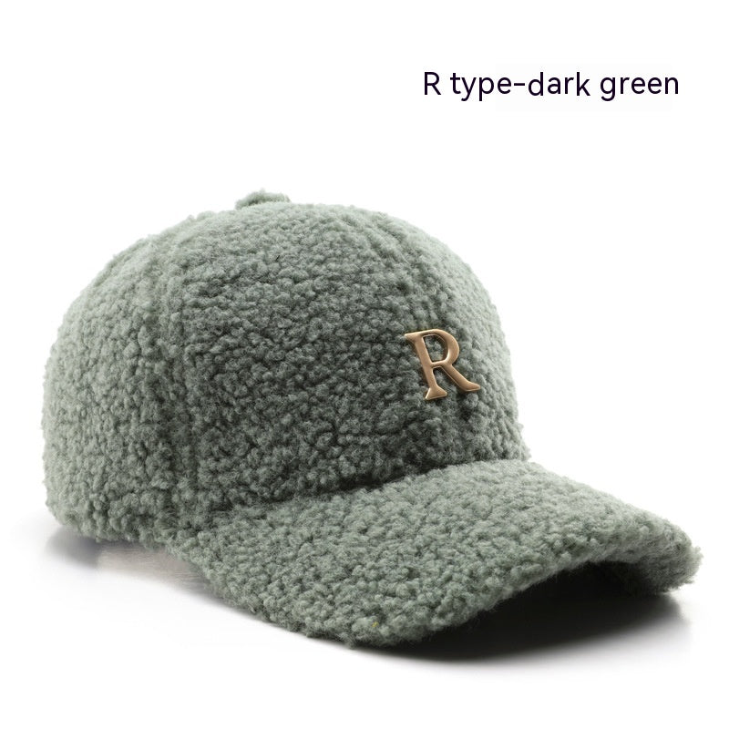 Autumn And Winter Letter R Solid Color Lamb Wool Baseball Cap Outdoor Sun Protection