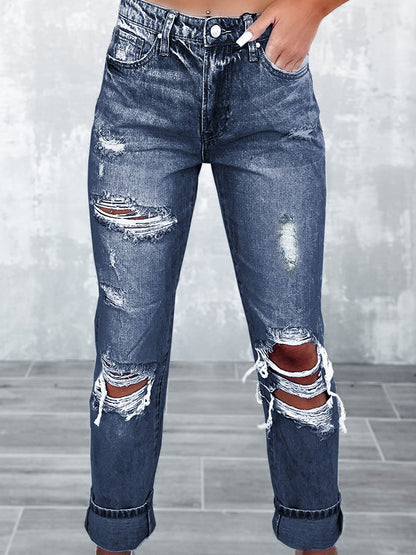 Retro Tattered Straight High Waist Skinny Jeans