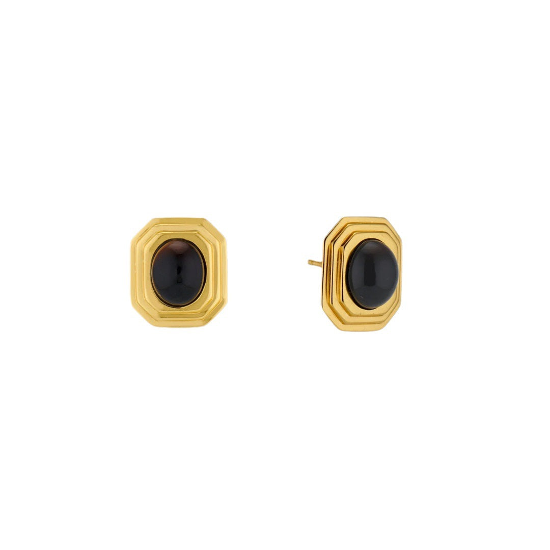 Copper Plating 18K Real Gold Inlaid Black Agate Square Stud Earrings Eardrops Earrings