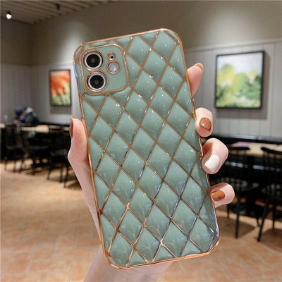 Compatible with Apple, Suitable For  12 EelectroPlating Lambskin Mobile Phone Shell Diamond Grid Iphone11Promax Straight Edge Silicone Soft Fine Hole