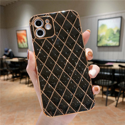 Compatible with Apple, Suitable For  12 EelectroPlating Lambskin Mobile Phone Shell Diamond Grid Iphone11Promax Straight Edge Silicone Soft Fine Hole