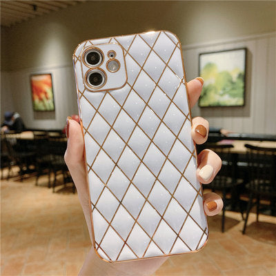 Compatible with Apple, Suitable For  12 EelectroPlating Lambskin Mobile Phone Shell Diamond Grid Iphone11Promax Straight Edge Silicone Soft Fine Hole