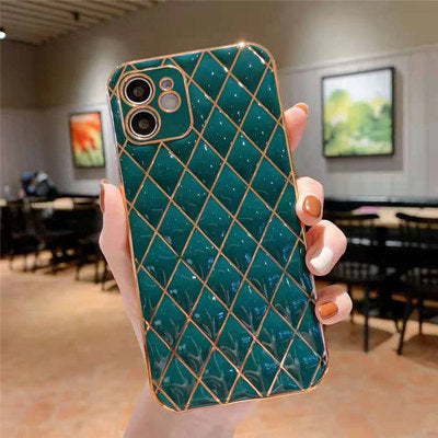 Compatible with Apple, Suitable For  12 EelectroPlating Lambskin Mobile Phone Shell Diamond Grid Iphone11Promax Straight Edge Silicone Soft Fine Hole