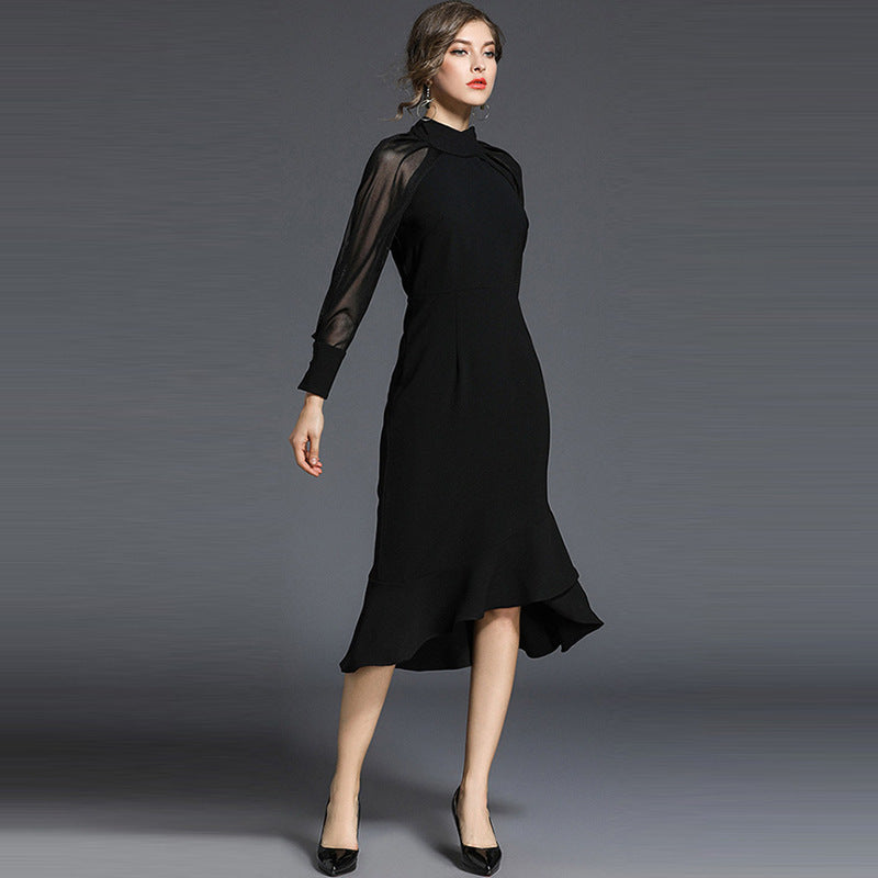 Stylish Temperament Long Sleeves Fishtail Slim Black Dress