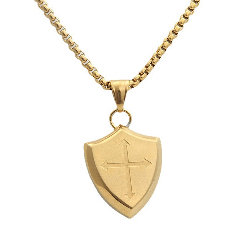 Stainless Steel Triangle Shield Cross Pendant Titanium Steel Men's Necklace Marking Lettering