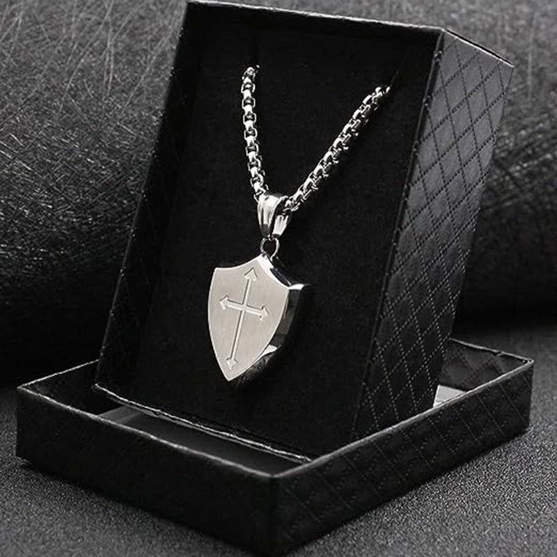 Stainless Steel Triangle Shield Cross Pendant Titanium Steel Men's Necklace Marking Lettering