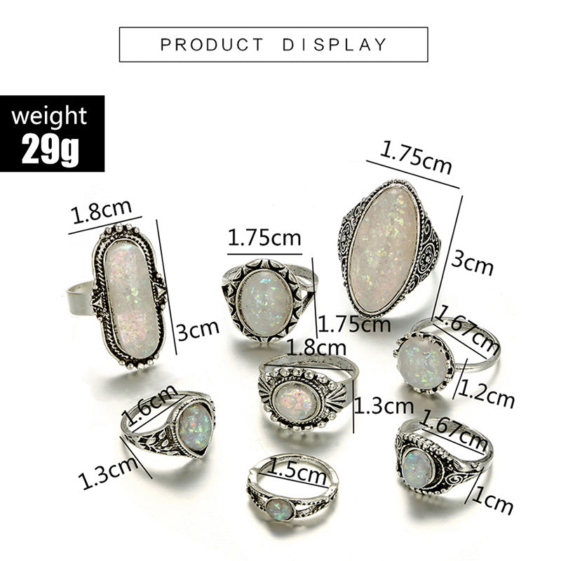 Ornament Creative Geometric Opal Gem 8-piece Set Combination Set Rings