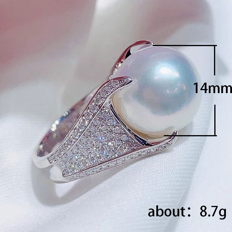 Full Inlaid Zircon Shining Artificial Pearl Ring For Women