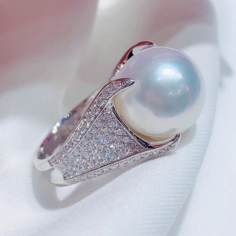 Full Inlaid Zircon Shining Artificial Pearl Ring For Women