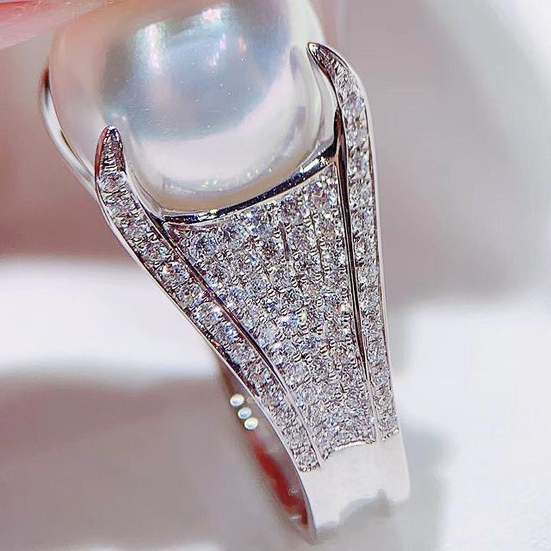 Full Inlaid Zircon Shining Artificial Pearl Ring For Women