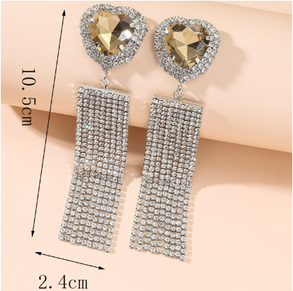 Heart-shaped Full Of Diamond Long Fringe Earrings