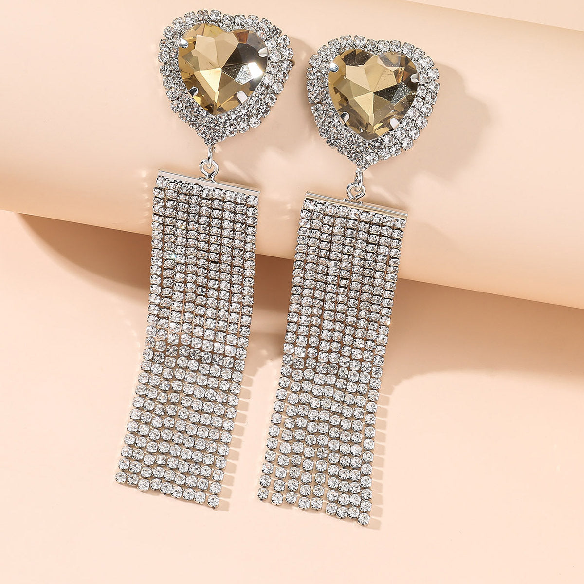 Heart-shaped Full Of Diamond Long Fringe Earrings