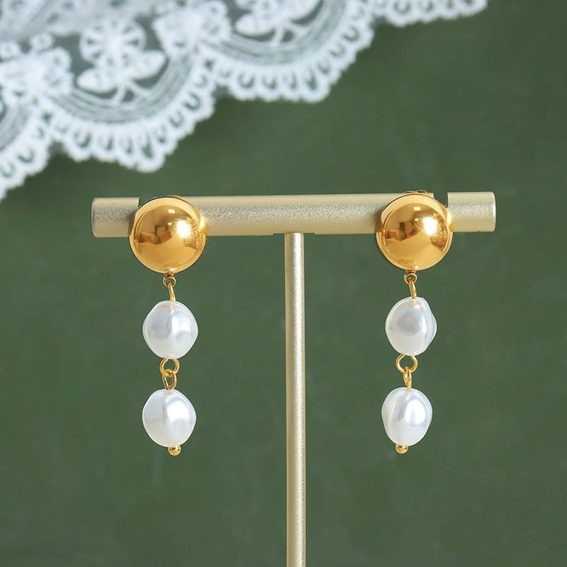 French Retro Shell Pearls Steel Ball Earrings Baroque