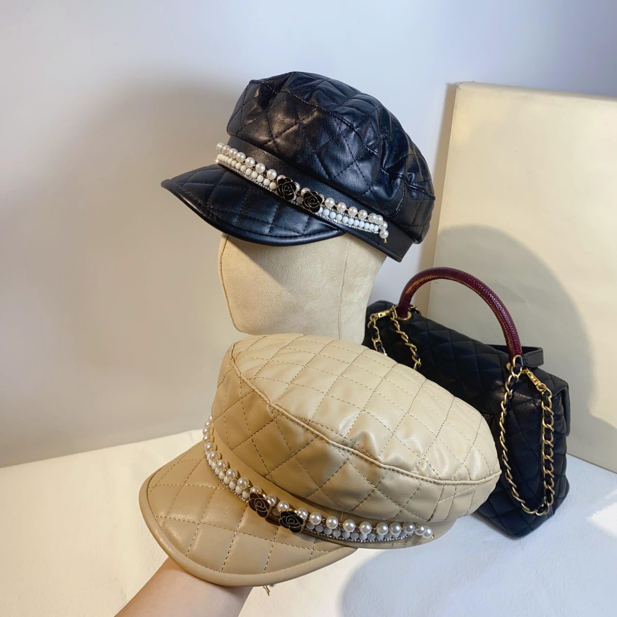 Classic Style PU Leather Ceramic Plate Pearl All-match Newsboy Retro Casual Hat