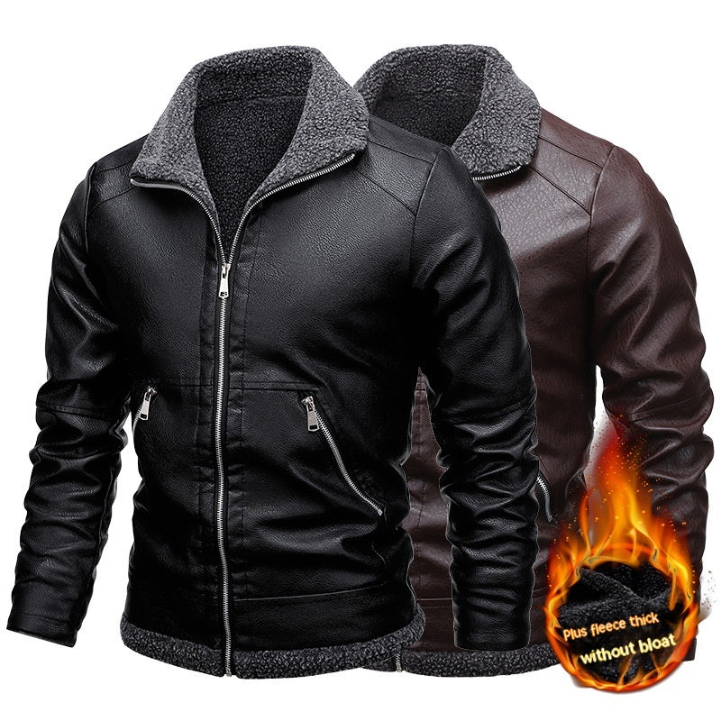 Fleece-lined Men's PU Motorcycle Jacket