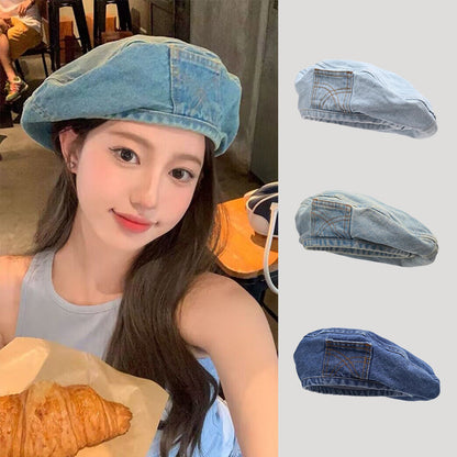 Summer Washed Old Head Circumference Show Face Denim Beret Women