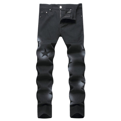 Hand-painted Gun Spray Five-pointed Star Elastic Black Pencil Pants Mid-waist Jeans Men