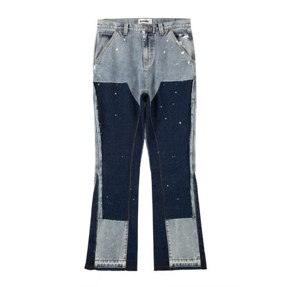 Washed Distressed Stitching Logging Jeans Trends Splashed Ink Printing Wide Leg Trousers