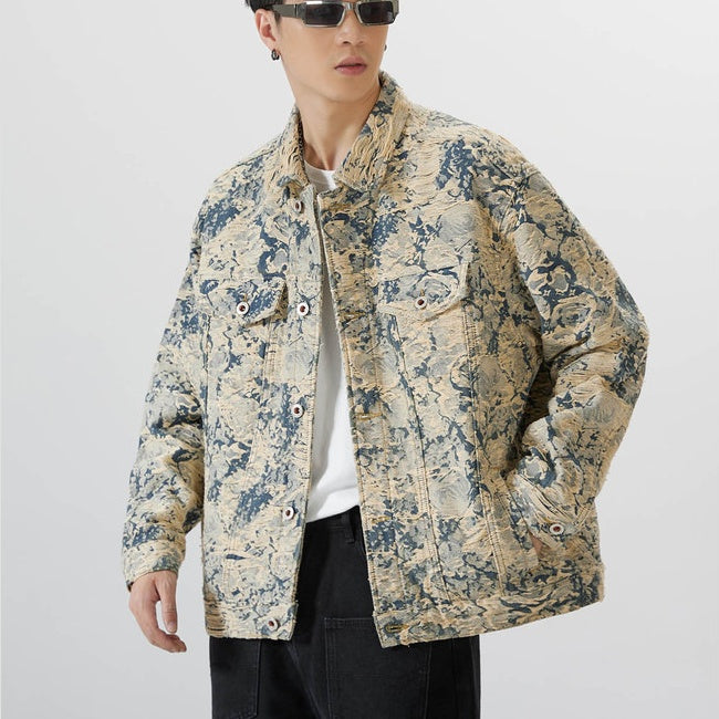 Autumn Retro Jacquard Denim Coat Men's Loose