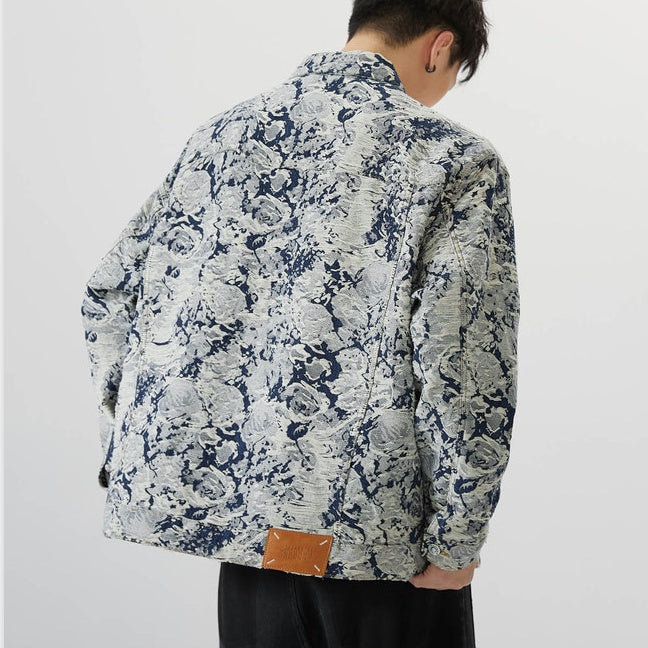 Autumn Retro Jacquard Denim Coat Men's Loose