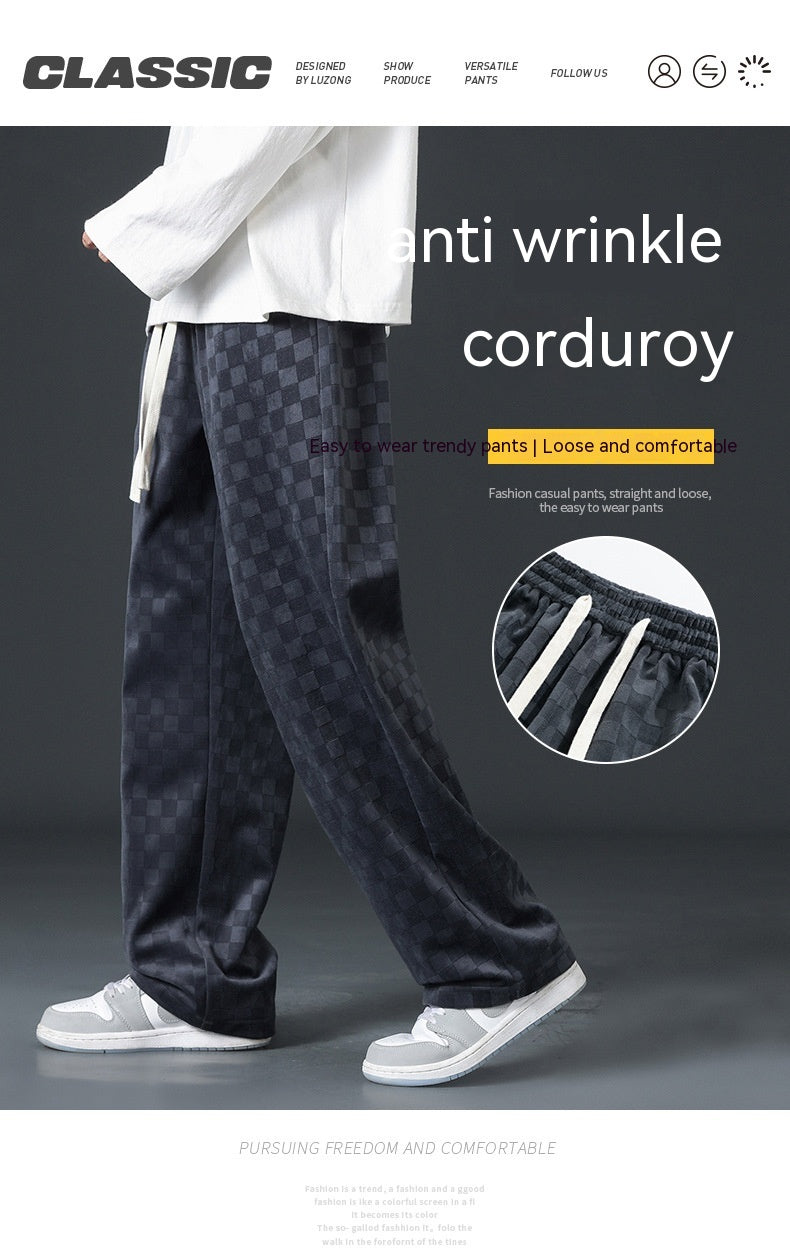 Corduroy Fashion Brand Loose Chessboard Plaid Straight Sweatpants